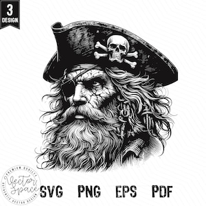 Può includere: Illustrazione in bianco e nero di un pirata con un teschio e ossa incrociate sul cappello, una barba e una benda sull'occhio.