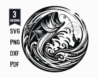 Fisherman Illustration Vector, Bass Fishing SVG, Catching Bass Fish Vector PNG Clipart Cut Files Engraving Silhouette
