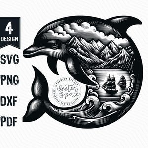 Vecteur d'illustration de dauphin, dauphin SVG, bateau dauphin, dauphin paysage marin découpé au laser Vector PNG Clipart couper des fichiers gravure Silhouette