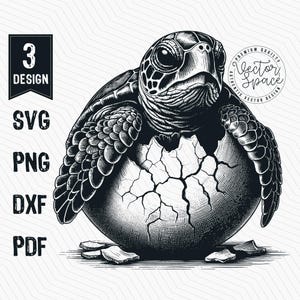 Może przedstawiać: Czarno-biała ilustracja morskiej żółwia wykluwającego się z pękniętego jaja. Żółw patrzy prosto, z podniesioną głową i otwartymi oczami. Jajo jest pęknięte i rozbite, a wokół żółwia rozrzucone są kawałki skorupy.