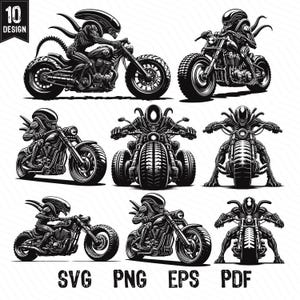 May include: A set of 10 black and white vector illustrations of an alien riding a motorcycle. The alien is depicted in various poses, including riding, standing, and sitting. The motorcycles are all different styles, including choppers, cruisers, and trikes. The illustrations are perfect for use in t-shirt designs, posters, and other creative projects.