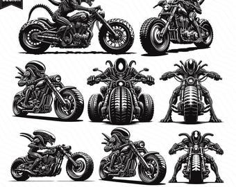 Alien Riding Motorcycle SVG, Alien Biker, Alien Rider, Alien Head, Alien SVG PNG Clipart Cut Files Engraving Silhouette