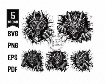 Dragon on Cracked Wall SVG, Angry Dragons, Dragon Head, Fantasy Dragon Monster SVG PNG Clipart Cut Files Engraving Silhouette