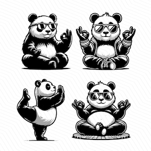 May include: Four black and white panda bears wearing sunglasses in different poses. One panda is meditating with its hands in a prayer position, another is meditating with its hands in a relaxed position, another is meditating with its hands in a relaxed position, and the last panda is standing on one leg with its other leg raised in the air.