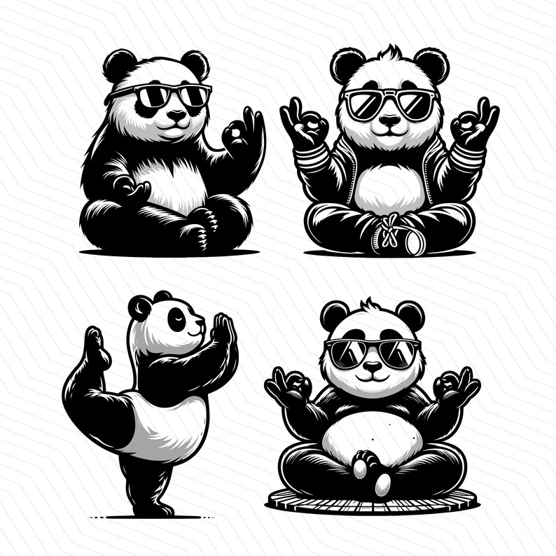 May include: Four black and white panda bears wearing sunglasses in different poses. One panda is meditating with its hands in a prayer position, another is meditating with its hands in a relaxed position, another is meditating with its hands in a relaxed position, and the last panda is standing on one leg with its other leg raised in the air.