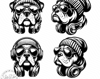 Stylish Bulldog SVG, Urban Bulldog, Hiphop Bulldog, Cool Dog, Bulldog Headphones Sunglasses SVG PNG Clipart Cut Files Engraving Silhouette