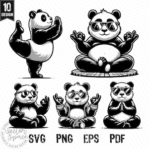 May include: A set of five black and white illustrations of pandas in various yoga poses. The pandas are wearing sunglasses and some are wearing jackets. The illustrations are perfect for creating digital or physical products such as t-shirts, mugs, phone cases, stickers, and more.