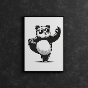 May include: Black and white illustration of a panda bear wearing sunglasses and doing a yoga pose with one arm raised and the other hand making the OK sign.