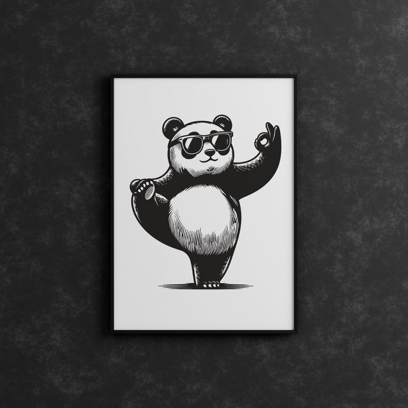 May include: Black and white illustration of a panda bear wearing sunglasses and doing a yoga pose with one arm raised and the other hand making the OK sign.