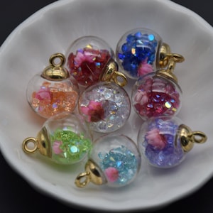 10 Round Glass Globe Charm,Crystal Glass Ball Vials With Confetti ball bead,Bracelet Necklace Key Chain Charm Pendants,21mmx16mm