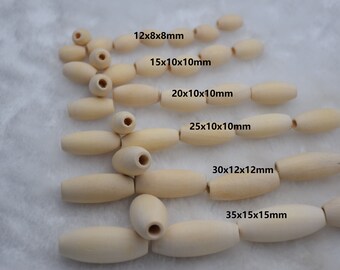 Cuentas de madera ovaladas, colgante de cuentas de madera de tubo natural sin terminar, encanto de cuentas de barril de madera, 12 mm/15 mm/20 mm/25 mm/30 mm/35 mm