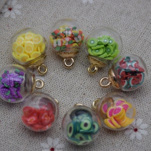 10 Round Glass Globe Charm,Crystal Glass Ball Vials With Confetti Fruit,Bracelet Necklace Key Chain Charm Pendants,21mmx16mm