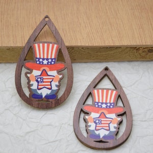 Wooden Earring Pendants,American Flag Stained Wood,Teardrop Cutout Earring Charms,Natural Wood Blank,American Independence Day 4th of July