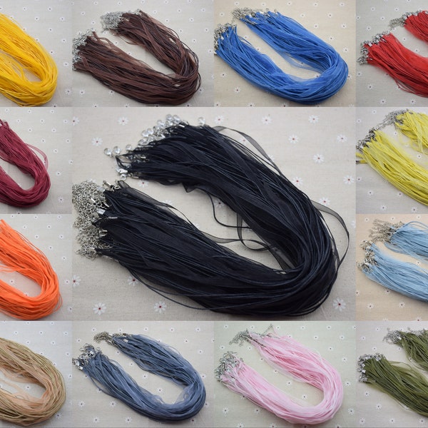 10 organza ribbon cord necklaces 16 inch Length with 2 inch extension chain,waxed cotton cord necklace with lobster clasp