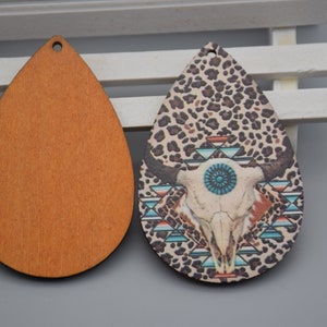 Wood Teardrop Earrings,Bull Head Printed Earring,Laser Cut Natural Wood Earrings Blanks,DIY Earrings Charm,Wooden Drop Dangle Earrings