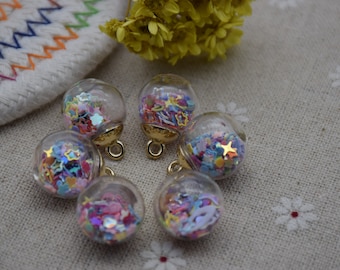 10 Round Glass Globe Charm,Crystal Glass Ball Vials With Sparkly Confetti Star,Bracelet Necklace Key Chain Charm Pendants,21mmx16mm