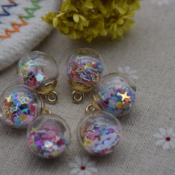 10 Round Glass Globe Charm,Crystal Glass Ball Vials With Sparkly Confetti Star,Bracelet Necklace Key Chain Charm Pendants,21mmx16mm