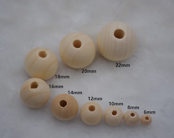 Cuentas de madera de bola redonda, colgante de cuentas de madera redonda natural sin terminar, accesorio de bricolaje para hacer joyas, artesanías de madera, 6/8/10/12/14/16/18/20/22 mm