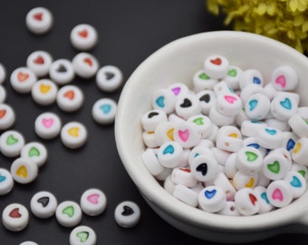 100 Plastic Beads White Beads With Mixed Color Heart Acrylic Round Bead For Jewelry Making DIY Craft Circle Custom Beaded Bracelet 7mm