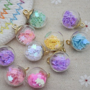 10 Round Glass Globe Charm,Crystal Glass Ball Vials With Sparkly Confetti Rabbit,Bracelet Necklace Key Chain Charm Pendants,21mmx16mm