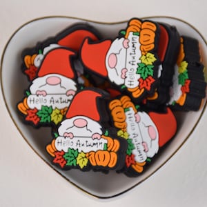 May include: A collection of gnome-shaped charms with red hats, white beards, and the text "Hello Autumn." The charms are surrounded by orange pumpkins and fall leaves. They are in a heart-shaped dish.