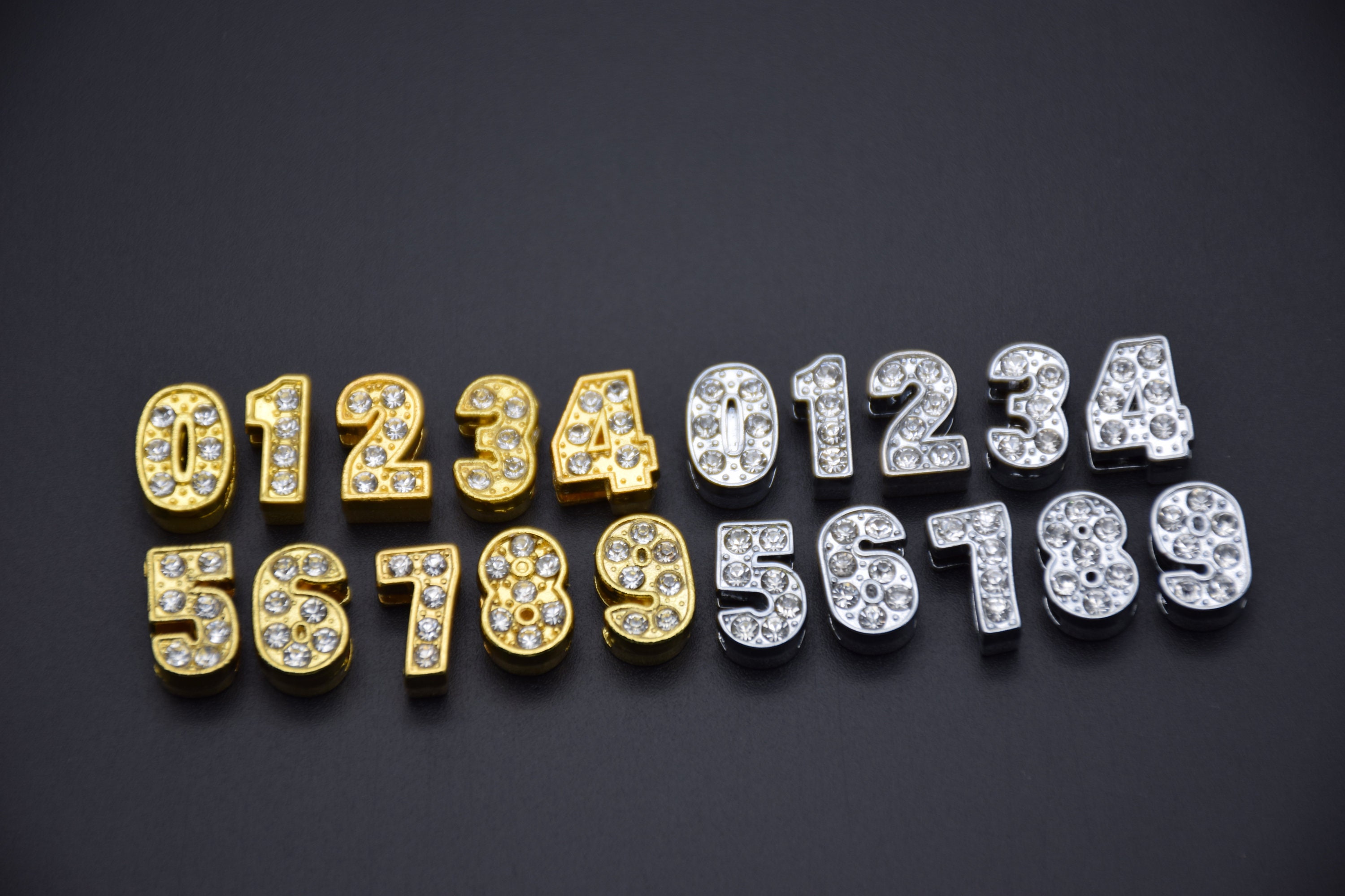 10pcs/lot 10mm Gold Slide Number, Full Rhinestone 0-9 Slide Charms, Fit DIY Wristband & Bracelet LSSL034