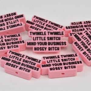 May include: A collection of pink, rectangular charms with black text. Each charm reads "Twinkle Twinkle Little Snitch Mind Your Business Nosey Bitch". The charms have a small hole on one end.