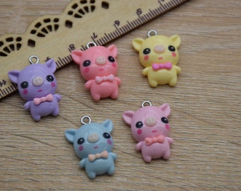 10 Resin Cute Pig Charms Earring Necklace Bracelet Bead Pendants DIY Jewelry Decoden Animal Cabochon Keychain Accessories 24x17mm