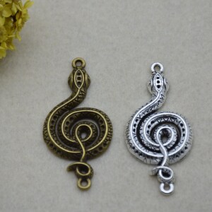 May include: Two metal snake charms, one in antique gold and one in silver, with intricate details and a coiled design.