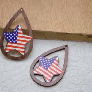 Wooden Earring Pendants,American Flag Stained Wood,Teardrop Cutout Earring Charms,Natural Wood Blank,American Independence Day 4th of July