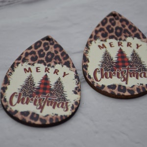 Christmas Wood Teardrop Earrings,Leopard Plaid Pine Tree Printed Pendants,Laser Cut Natural Wooden Charm Blanks,Paint Drop Dangle Earrings