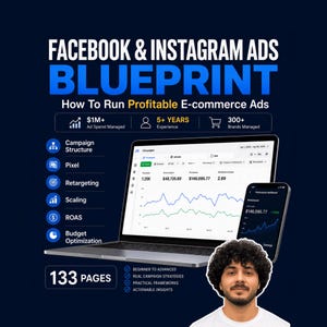 Pode incluir: Gráfico azul escuro com o texto "FACEBOOK & INSTAGRAM ADS BLUEPRINT" e "How To Run Profitable E-commerce Ads". A imagem inclui um laptop e um smartphone exibindo gráficos, juntamente com um homem. A imagem também indica "133 PAGES."