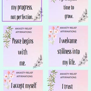 Tarjetas de Afirmaciones para el Alivio de la Ansiedad – 36 Citas Positivas Imprimibles – Tarjetas de Salud Mental en Lila Pastel – Descarga Digital en PDF