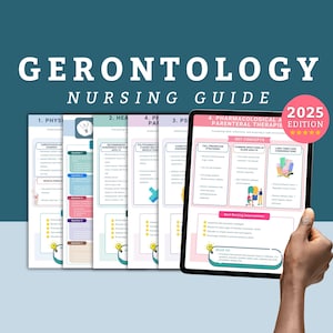 Op de afbeelding: Een digitale verpleegkundige gids getiteld "Gerontology Nursing Guide" met de tekst "2025 Edition". De gids wordt weergegeven op een tablet en gedrukte pagina's, met secties over fysieke veranderingen, gezondheid, farmacologie en meer. De achtergrond is teal.