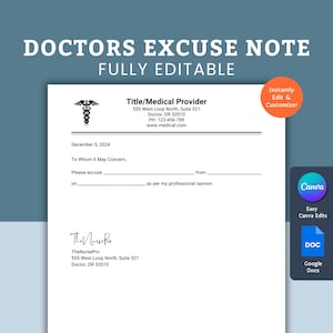 Nota de excusa médica editable, nota de excusa médica, plantilla de carta de excusa, carta de excusa escolar, nota médica editable con firma, excusa médica