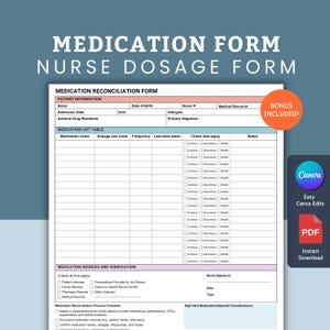 Może przedstawiać: Drukowany formularz uzgodnienia leków dla pielęgniarek. Formularz zawiera sekcje dotyczące informacji o pacjencie, listy leków, źródeł leków i weryfikacji, a także listę kontrolną procesu uzgodnienia leków. Formularz został opracowany, aby pomóc pielęgniarkom w śledzeniu i zarządzaniu lekami pacjentów.