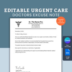 Nota de excusa editable para atención de urgencia, nota de excusa médica, plantilla de carta de excusa, carta de excusa escolar, nota médica editable con firma