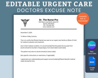 Nota di scuse per cure urgenti modificabile, nota di scuse mediche, modello di lettera di scuse, lettera di scuse scolastiche, nota medica modificabile con firma