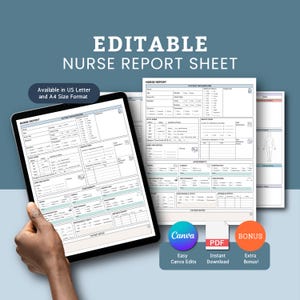 Könnte beinhalten: Ein editierbares Krankenpflegebericht-Blatt wird auf einem Tablet und auf Papier angezeigt. Das Tablet zeigt ein detailliertes Formular mit Abschnitten für den Hintergrund des Patienten, Vitalzeichen und Bewertungen. Der Text "EDITABLE NURSE REPORT SHEET" steht oben.