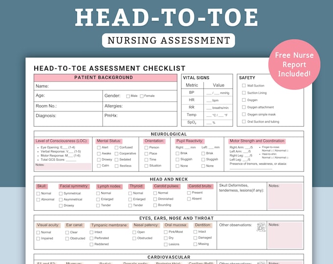 Head to Toe Assessment Nursing Template - Head to Toe Assessment Checklist Card for Nurses and ...