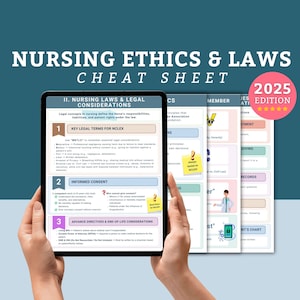 Op de afbeelding: Een spiekbriefje over verpleegkundige ethiek en wetgeving, editie 2025. De afbeelding toont een tablet met belangrijke juridische termen, informed consent en behandelwensen. De tekst bevat "NCLEX" en "ATI" referenties, met een sterrenbeoordeling.