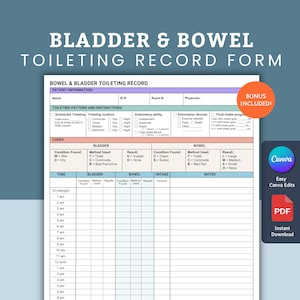 May include: A printable bladder and bowel toileting record form with sections for patient information, toileting pattern and instructions, codes, bladder, bowel, intake, and notes. The form is designed to track toileting habits and fluid intake.