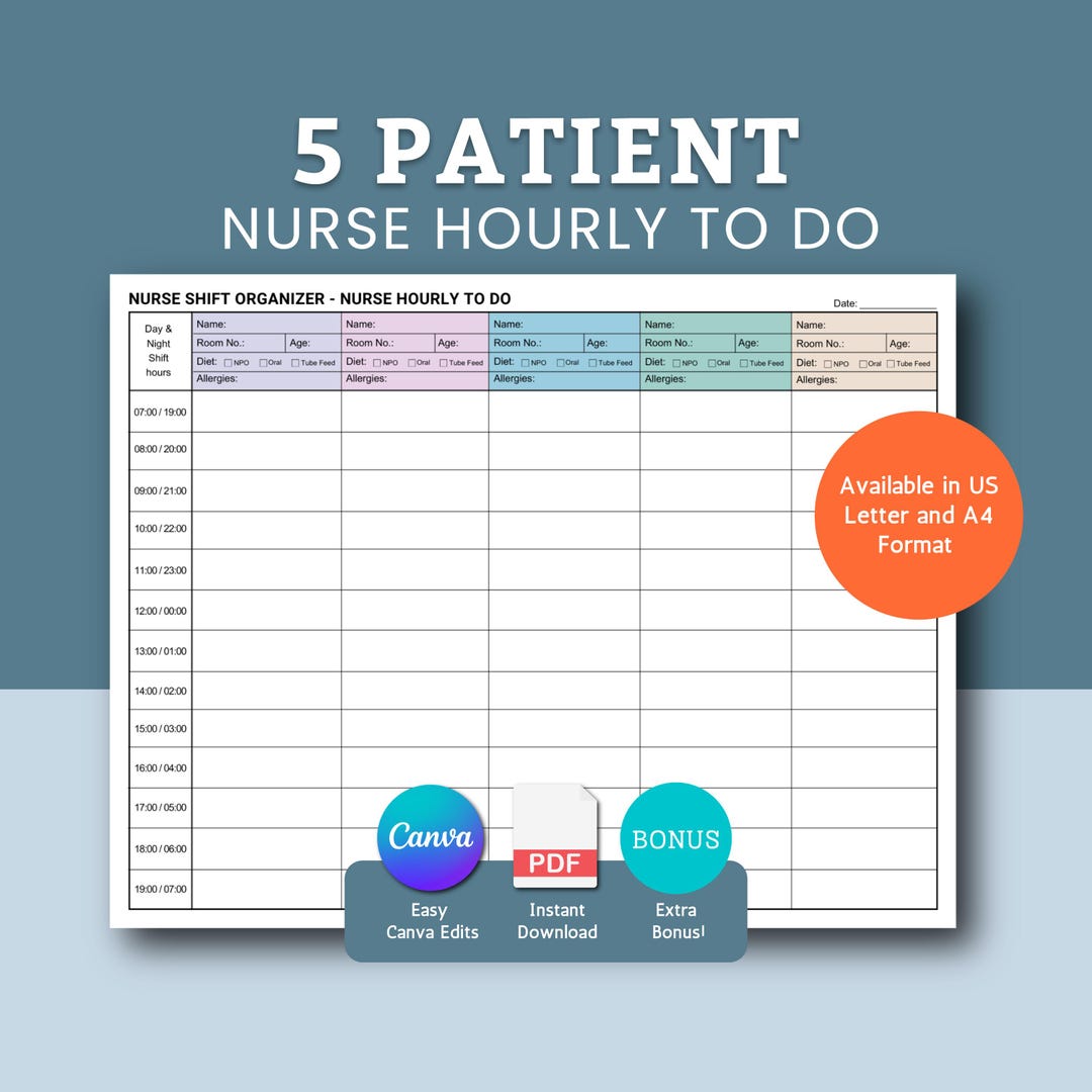 Nurse Task Layout Nurse Hourly to Do, Nursing Charting, Shift Organizer, Nurse Shift ...