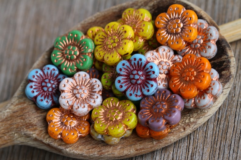 44pcs Colourful Opaque Glass MIX ANEMONE FLOWER Beads 14mm Czech Glass Beads Flat Flower Beads Perles Perlen Perline image 1