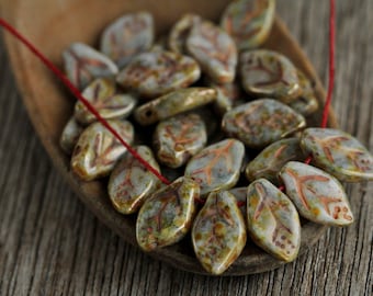 100 Brown & Olive Speckled Picasso Lustred Opaque White Glass Leaf Beads 12x7mm  Czech Glass Beads for Jewelry Making
