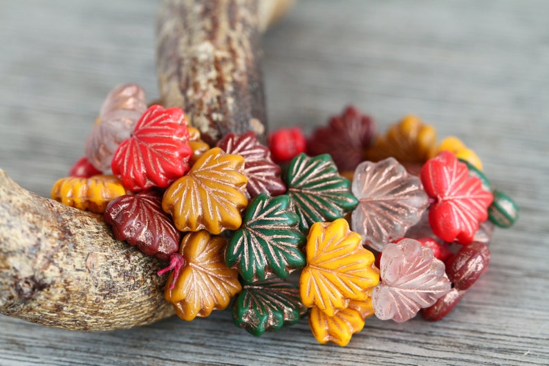 40 Bronze Washed Bright Multicolour Matte Glass MAPLE LEAF Bead MIX 11x13mm Czech Glass Beads for Jewelry Making Glass Leaf Beads image 7