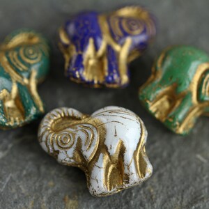 4 Gold Washed ELEPHANT Beads 20x21mm Czech Glass Beads For Jewelry Making Fern Green Royal Blue White Green image 4