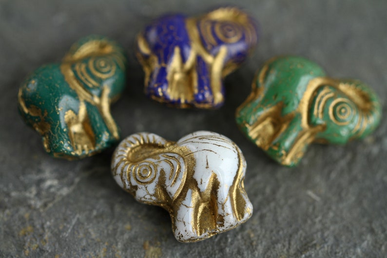 4 Gold Washed ELEPHANT Beads 20x21mm Czech Glass Beads For Jewelry Making Fern Green Royal Blue White Green image 4