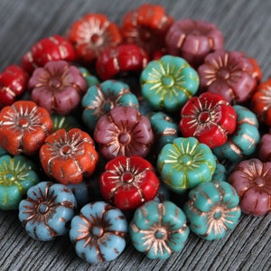 60 Bright Multicoloured Hibiscus Flower Bead MIX2 9mm Czech Glass Beads for Jewellery Making New Copper Washed Glass Flower Mix2 image 8