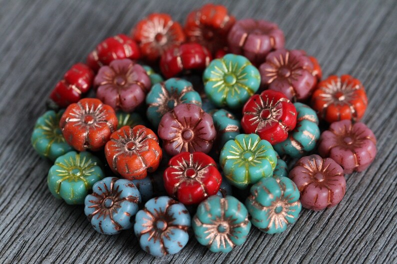 60 Bright Multicoloured Hibiscus Flower Bead MIX2 9mm Czech Glass Beads for Jewellery Making New Copper Washed Glass Flower Mix2 image 8